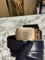 Mont Blanc black leather belt with gold signature buckle