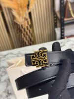 Black Tory Burch Leather Belt with Pave Buckle