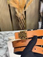 Tan Tory Burch Leather Belt with Pave Buckle
