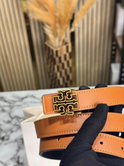 Tan Tory Burch Leather Belt with Pave Buckle