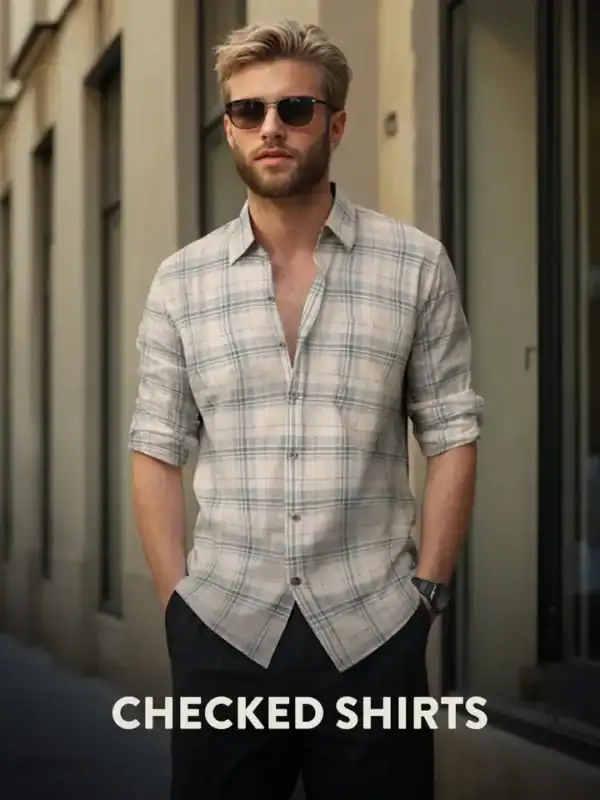 Checked shirts styling with a white and black plaid button-up worn with dark trousers, sunglasses, and a modern men’s fashion look.