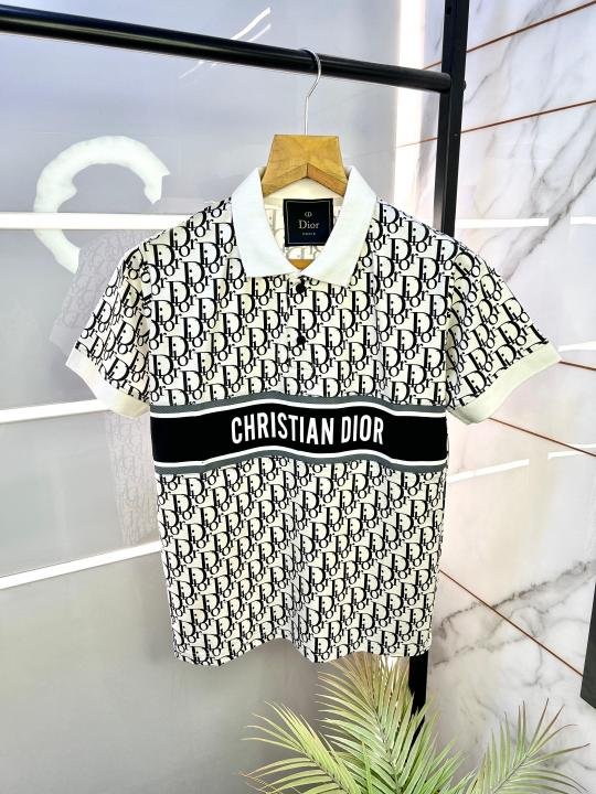 Christian Dior Christian DiorImported White Monogram Print Premium Collar Neck Polo T-shirt F2305-WH