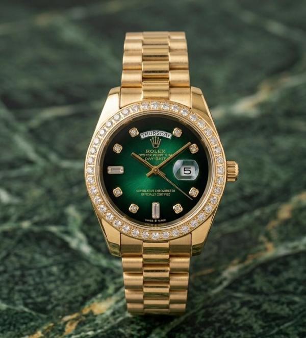 Rolex Oyster Perpetual Day Date Diamond Gold Green - Image 2