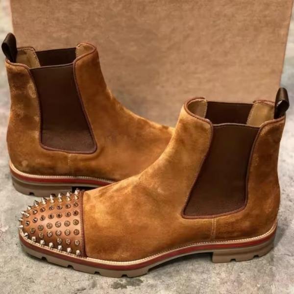 Christian Louboutin Spikes Suede Chelsea Boots Tan Premium - Image 3