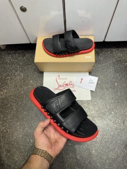 Buy Christian Louboutin Strapt Rubber Spike Slipers Black Premium Sandals Slides Shoes Online in India - Bootery