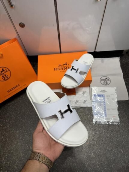 Hermes Chypre Calfskin Leather Sandals Slides White Premium Shoes Price in India - Buy at Bootery
