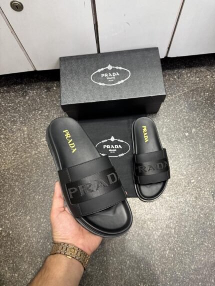 Prada Logo Leather Slides Black Premium Shoes Price in India - Buy at Bootery