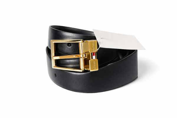 Tommy Hilfiger Black Leather Formal Belt with Gold Buckle | Premium Accessories