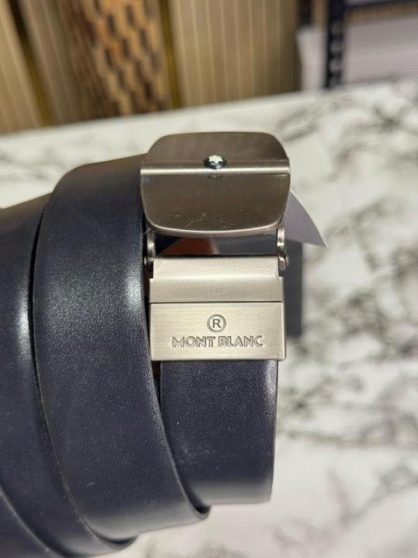 Montblanc Black Leather Belt With Matte Silver Signature Buckle Includes Box - Image 8