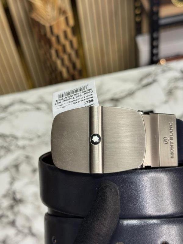 Montblanc Black Leather Belt With Matte Silver Signature Buckle Includes Box - Image 7