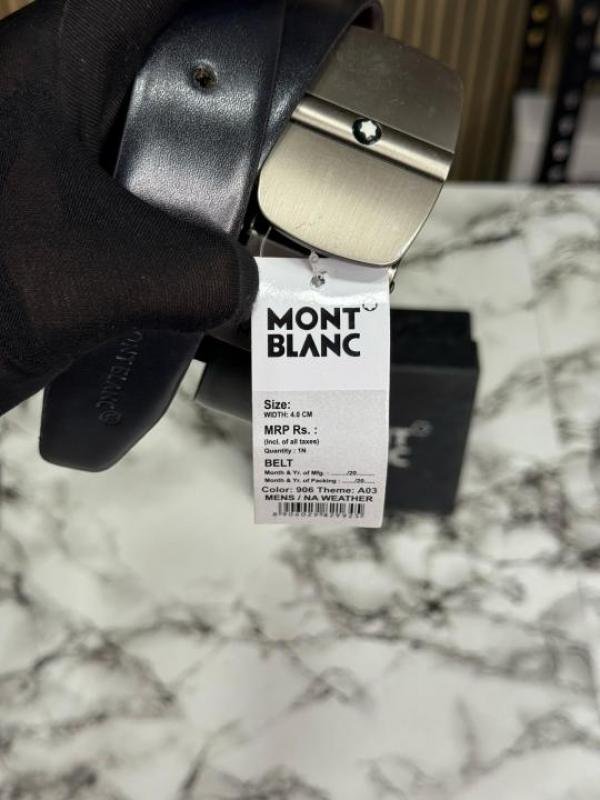 Montblanc Black Leather Belt With Matte Silver Signature Buckle Includes Box - Image 5