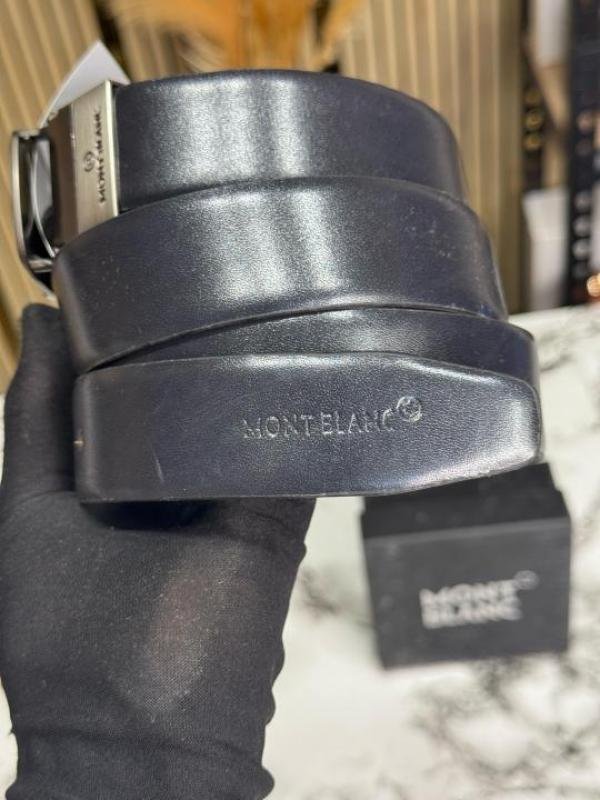 Montblanc Black Leather Belt With Matte Silver Signature Buckle Includes Box - Image 4