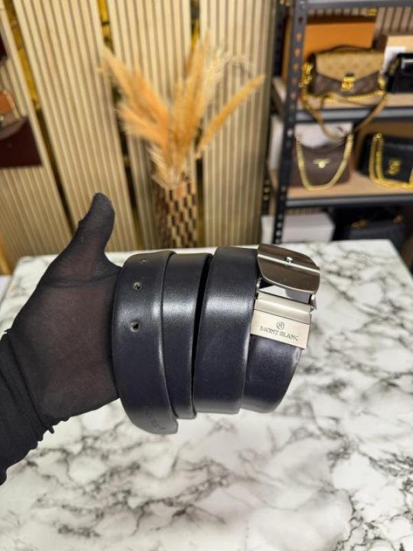 Montblanc Black Leather Belt With Matte Silver Signature Buckle Includes Box - Image 3