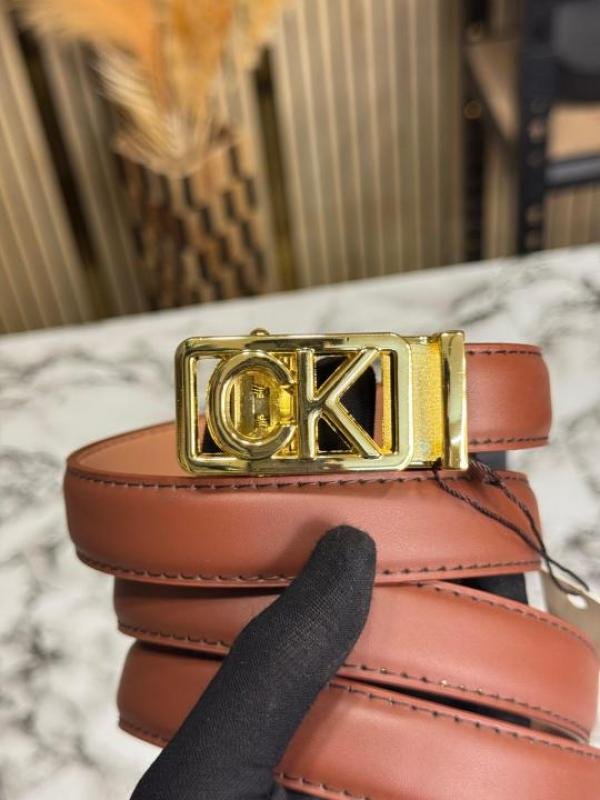 Calvin Klein Tan Leather Belt With Gold CK Initial Buckle - Image 3