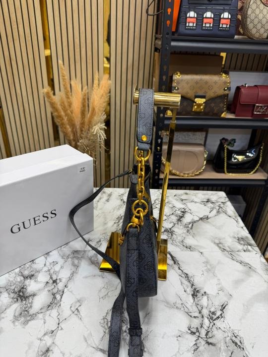 Guess Signature Crescent Hobo Shoulder Bag With Gold Chain (Grey) | Premium Accessories - Image 3