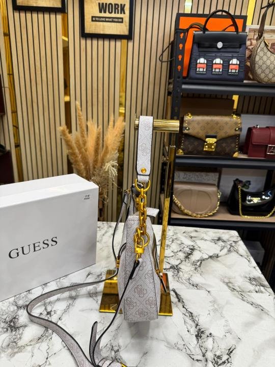 Guess Signature Crescent Hobo Shoulder Bag With Gold Chain (White) | Premium Accessories - Image 3