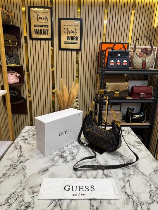 Guess Signature Crescent Hobo Shoulder Bag With Gold Chain (Stone Beige) | Premium Accessories - Image 3