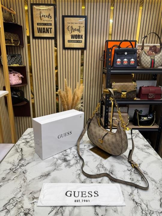 Guess Signature Crescent Hobo Shoulder Bag With Gold Chain (Stone Beige) | Premium Accessories