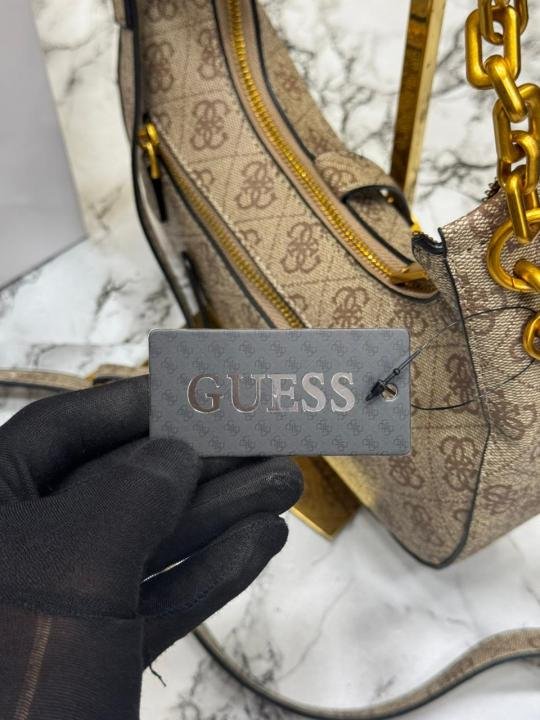 Guess Signature Crescent Hobo Shoulder Bag With Gold Chain (Stone Beige) | Premium Accessories - Image 6