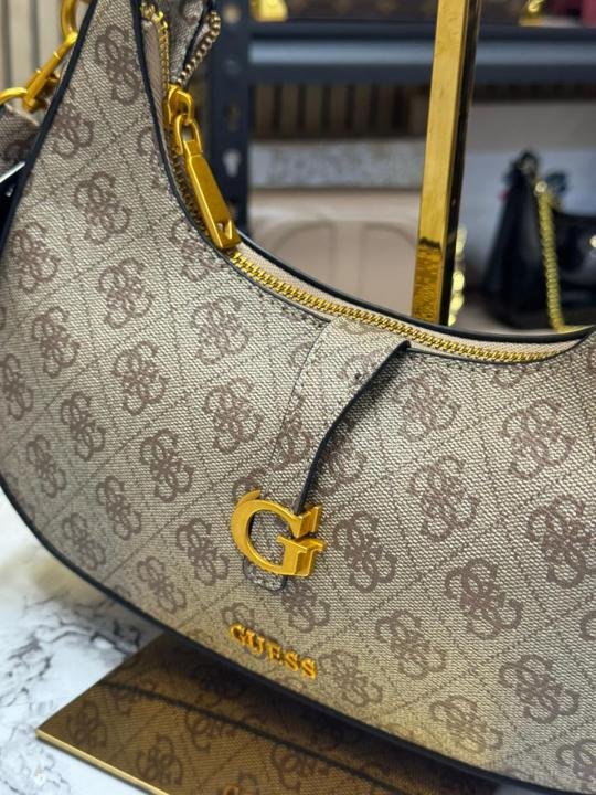 Guess Signature Crescent Hobo Shoulder Bag With Gold Chain (Stone Beige) | Premium Accessories - Image 3
