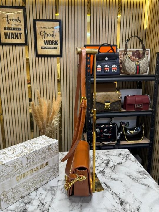 Christian Dior Signature Leather Saddle Shoulder Bag With Gold Chain (Caramel Brown) | Premium Accessories - Image 4