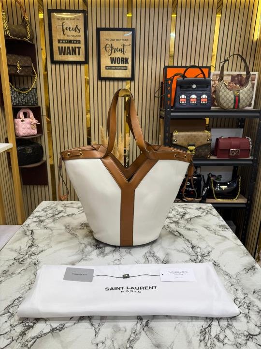 Saint Laurent Ysl Paris Y-Line Bucket Tote Bag (White-Brown) | Premium Accessories - Image 3