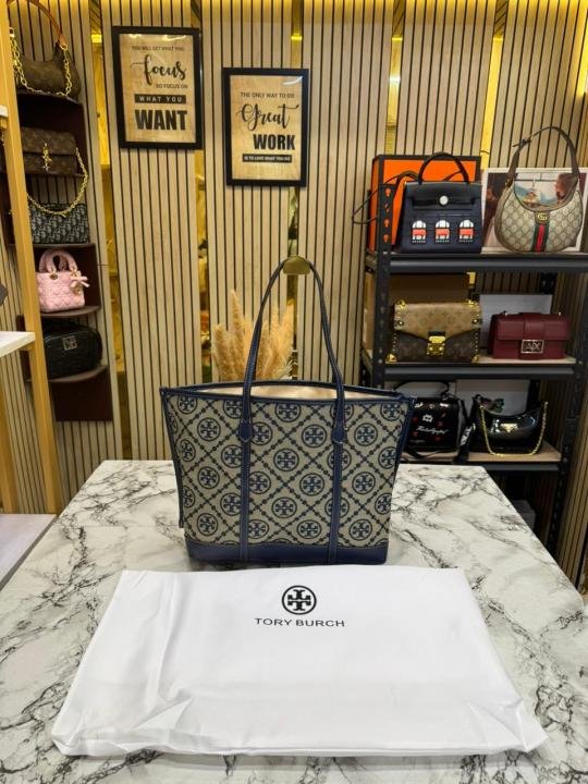 Tory Burch T Monogram Canvas Tote Bag (Blue) | Premium Accessories - Image 5