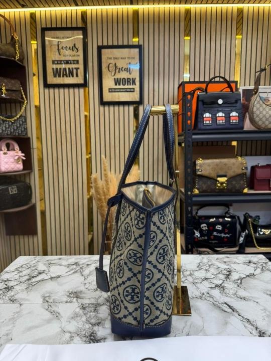 Tory Burch T Monogram Canvas Tote Bag (Blue) | Premium Accessories - Image 4