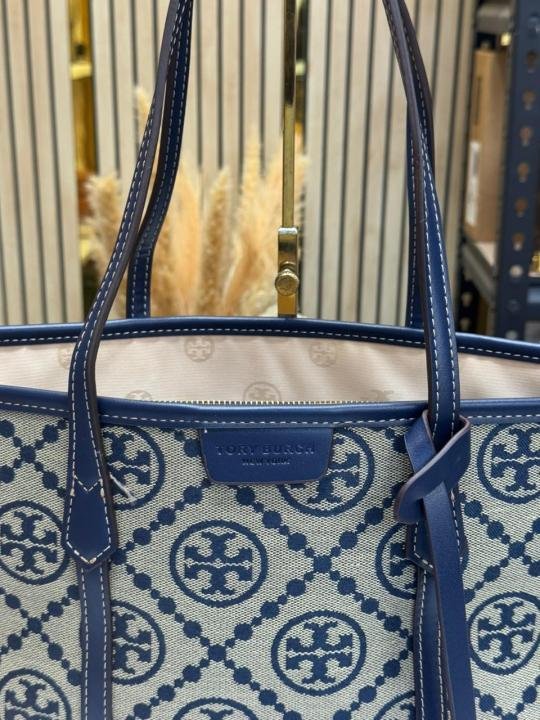 Tory Burch T Monogram Canvas Tote Bag (Blue) | Premium Accessories - Image 3