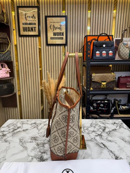 Tory Burch T Monogram Canvas Tote Bag (Brown) | Premium Accessories - Image 3