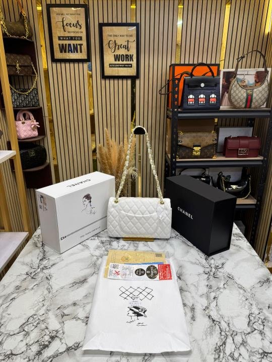 Chanel Classic Flap Quilted Chain Shoulder Bag With Double Og Box And Dust Bag (6657-White) | Premium Accessories - Image 3