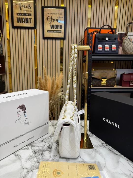 Chanel Classic Flap Quilted Chain Shoulder Bag With Double Og Box And Dust Bag (6657-White) | Premium Accessories - Image 2
