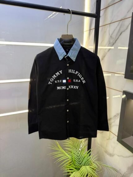 Tommy Hilfiger Black Embroidery Print Premium Oxford Lycra Shirts F3194-bl - Best Price Online - Bootery