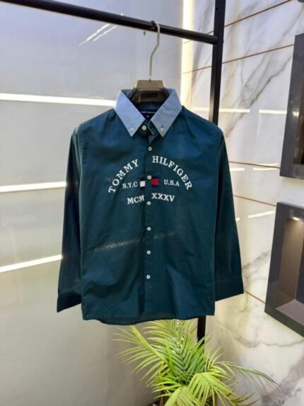 Tommy Hilfiger Green Embroidery Print Premium Oxford Lycra Shirts F3194-gr Price in India - Buy at Bootery