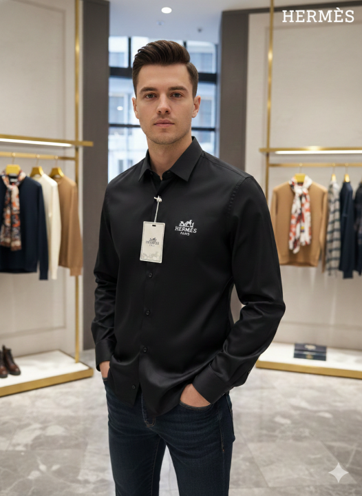 Hermes PARIS BLACK PREMIUM LUXURY FRONT PRINTED SHIRT - Image 1