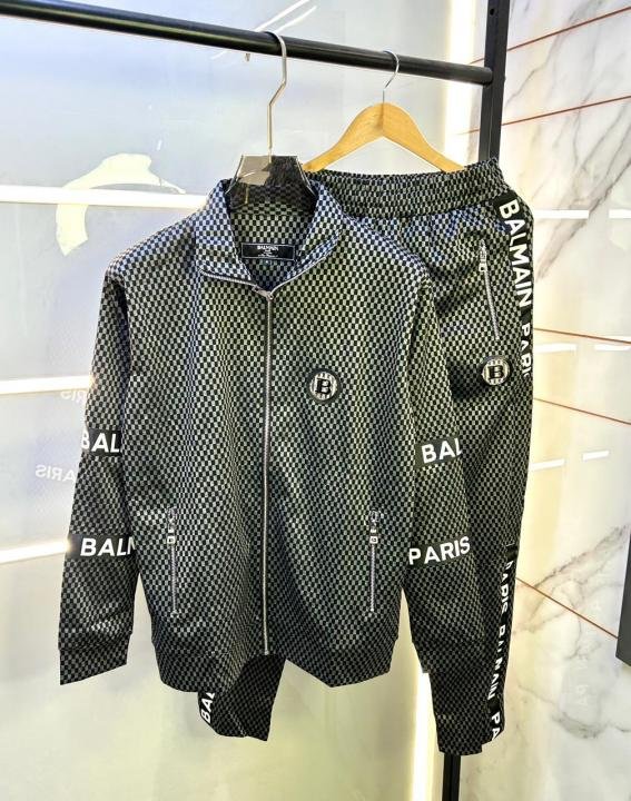 Balmain  Paris Logo Imported Embossed Print Grey Super Premium Track Suit With Brand Carry Bag F2338-GY