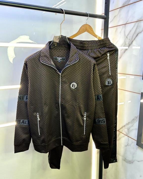 Balmain  Paris Logo Imported Embossed Print Brown Super Premium Track Suit With Brand Carry Bag F2338-BR