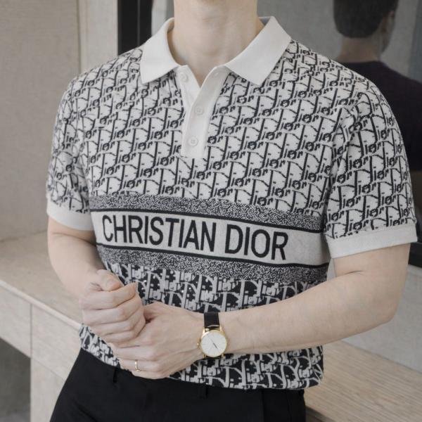 Christian Dior Imported Knitted Monogram Super Premium White Collar Neck Polo T-shirt F3481-wh