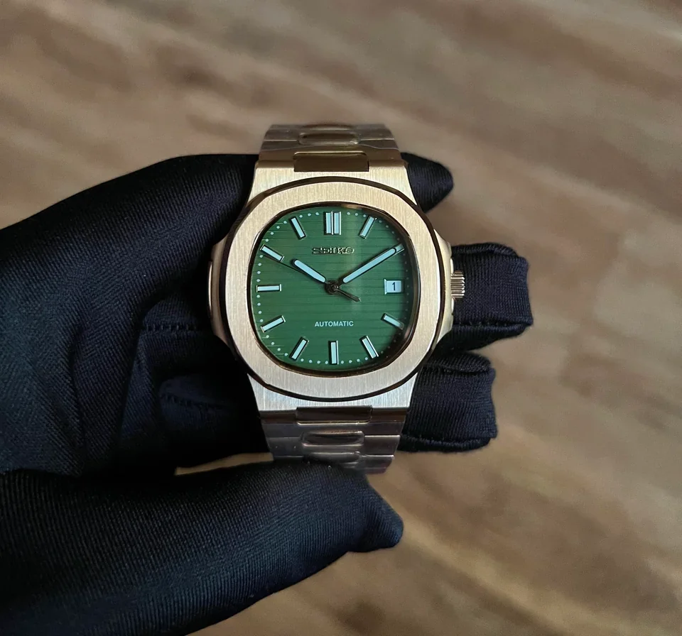 Seiko Mod Nautilus Automatic Green Dial Rose Gold Watch