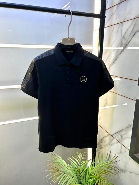 Balmain Paris Metal Logo Embossed Print Black Polo Collar T-shirt For Men