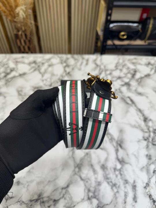 Gucci Bee Red Buckle Stripe Canvas Belt - Image 4