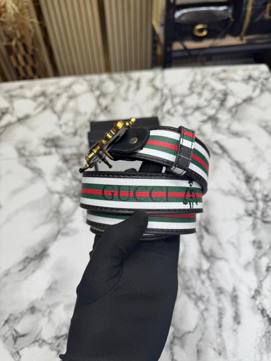Gucci Bee Red Buckle Stripe Canvas Belt - Image 3