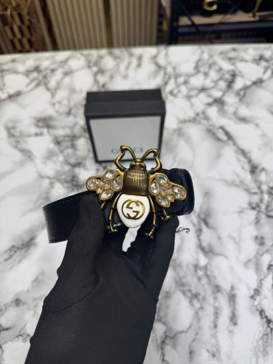 Gucci Queen Bee Buckle Monogram Leather Belt