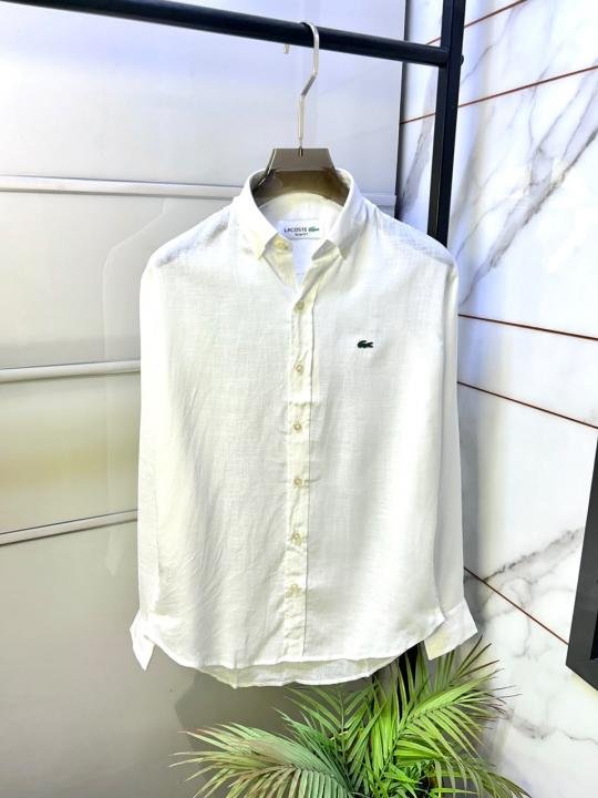 Lacoste Men's White Linen Shirt With Embroidered Crocodile Logo