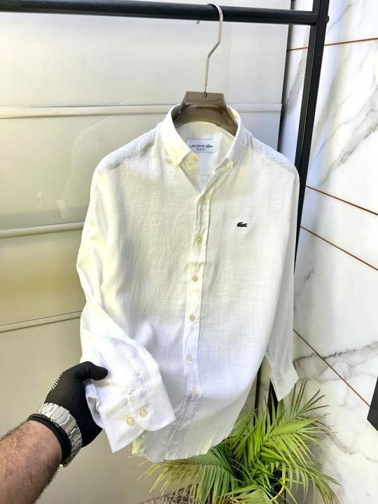 Lacoste Men's White Linen Shirt With Embroidered Crocodile Logo - Image 3