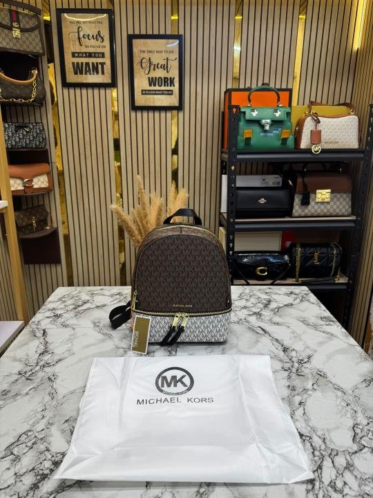 Michael Kors Michael Kor S Rhea Signature Two Tone Monogram Backpack With Double Zip Compartments - Image 4