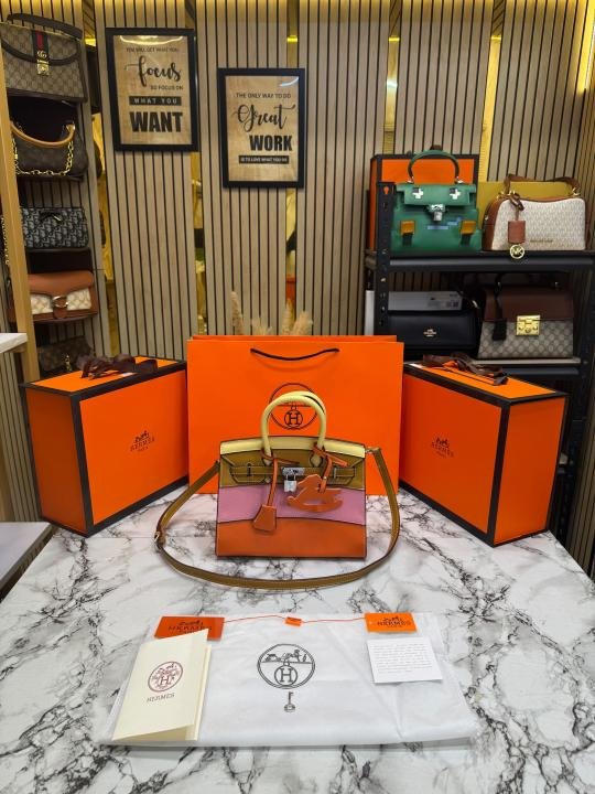 Hermes Limited Edition Cokorblock Brikin Leather Top Handle Bag With Crossbody Strap Including Box And Carry Bag