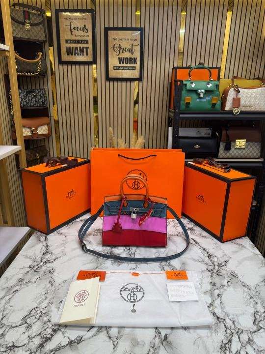 Hermes Limited Edition Colorblock Birkin Leather Top Handle Bag With Crossbody Strap Including Box And Carry Bag - Image 1
