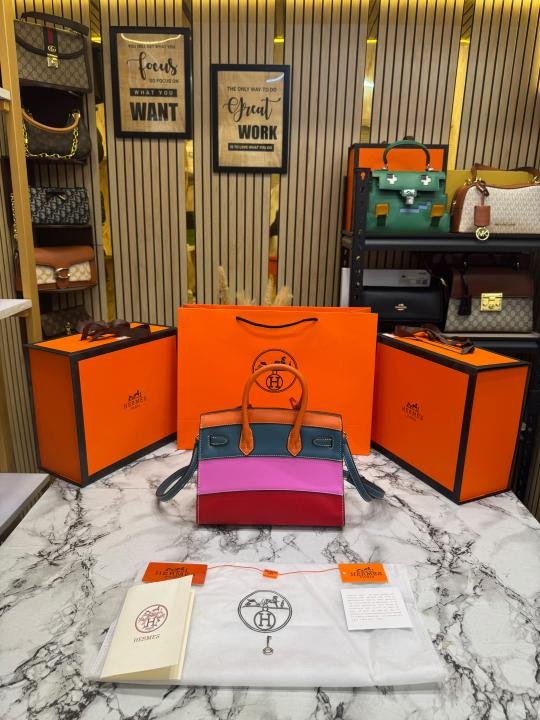 Hermes Limited Edition Colorblock Birkin Leather Top Handle Bag With Crossbody Strap Including Box And Carry Bag - Image 2
