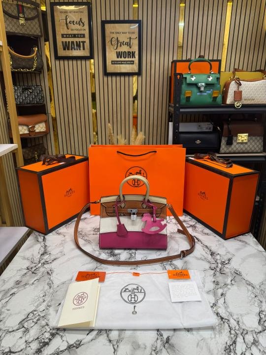 Hermes Limited Edition Colorblock Birkin Leather Top Handle Bag With Crossbody Strap Including Box And Carry Bag
